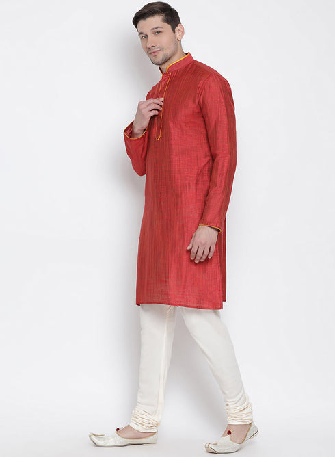 VASTRAMAY Men's Maroon Cotton Kurta and Pyjama Set